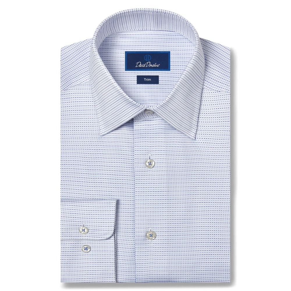 David Donahue White Blue Micro Dobby Dot Dress Shirt Trim Fit Men's 15.5 34/35
